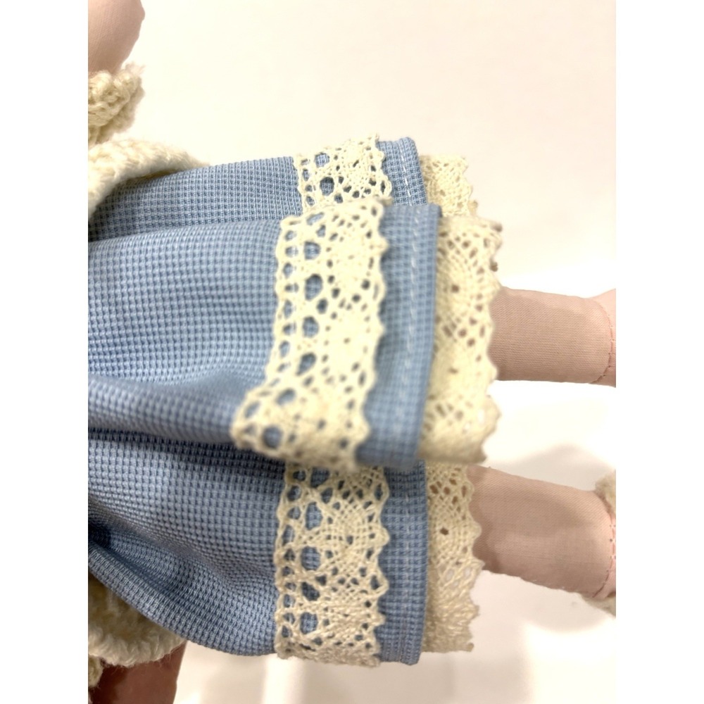 12" Handmade Rag Doll Blonde Pigtails Blue Dress Knit Sweater Plush Toy - Picture 9 of 9